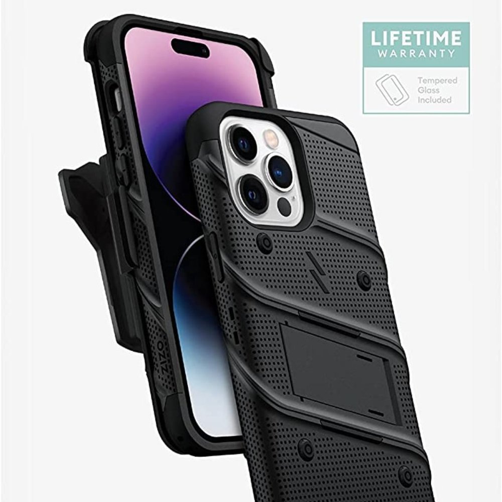 ZIZO Bolt for iPhone 14 Pro Max 6.7" Case with Tempered Glass & Holster - BLACK